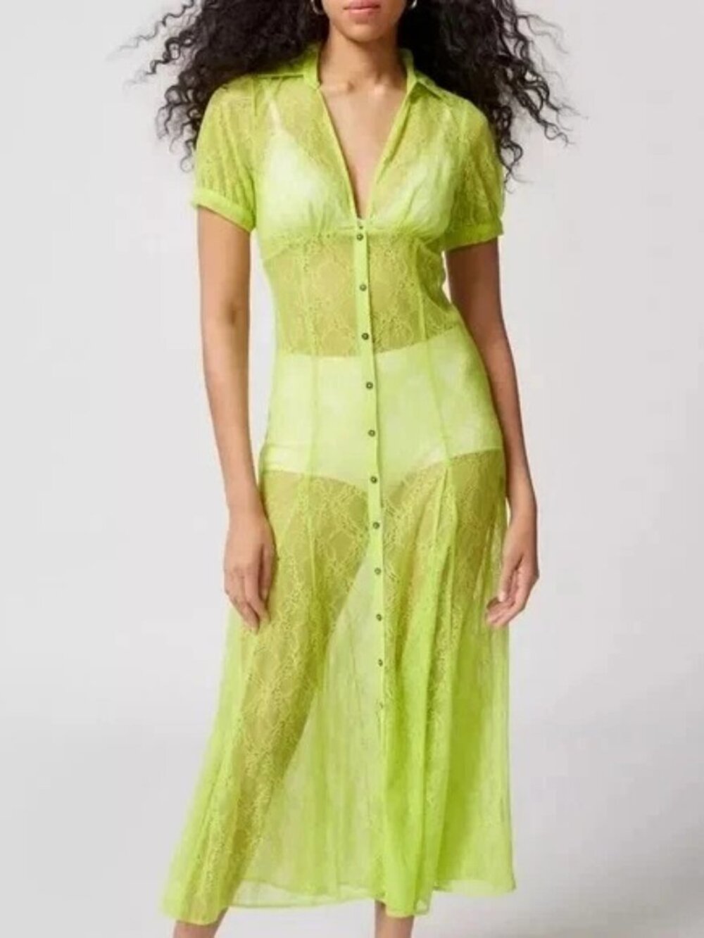 Urban Outfitters Connie Sheer Lace Maxi Dress Neon Green Size M NWT - Picture 2 of 10
